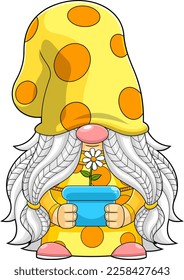 Cute Female Gnome Cartoon Character Holding A Flower Pot. Vector Hand Drawn Illustration Isolated On Transparent Background