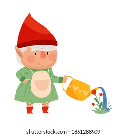 Cute Female Gnome Character in Red Pointed Hat Watering Flowers Vector Illustration