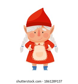 Cute Female Gnome Character In Red Dress And Pointed Hat Standing Vector Illustration