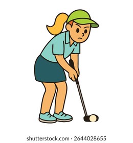 Cute Female Golfer Putting the Golf Ball – Cartoon Girl Sports Character