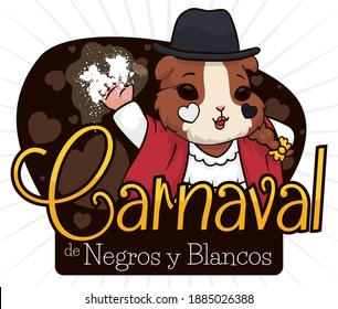 Cute female guinea pig with hat and ruana, ready to throw at you talc and black paint -or pintica- during Blacks and Whites' Carnival (texts written in Spanish).