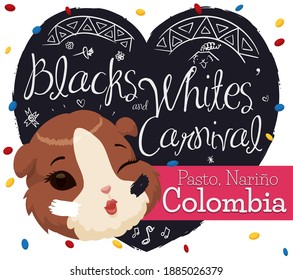 Cute female guinea pig winking at you and celebrating the Colombian Blacks and Whites' Carnival over a heart made with black paint, chalk doodles and confetti shower.