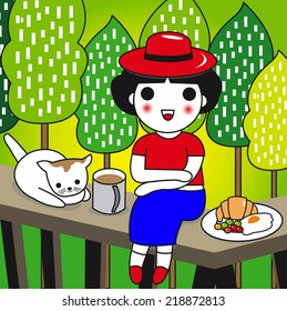 Cute Female Having Coffee and breakfast with Her Cat on the Balcony