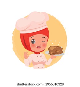 Cute Female hijab chef holding a chicken meal with tasty hand gesture logo. Flat vector cartoon design