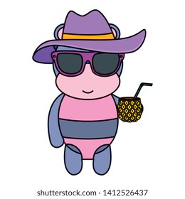 cute female hippo with summer hat and pineapple cocktail