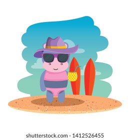 cute female hippo with summer hat and pineapple cocktail on the beach