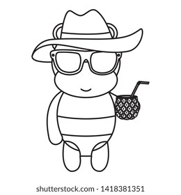 cute female hippo with summer hat and pineapple cocktail