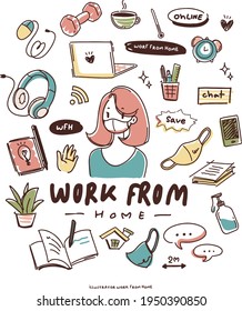 Cute female illustration sticker In working at home For the safety measures from COVID 19