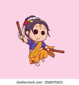 Cute female Indian People dancing dancing with stick flat cartoon style Premium Vector