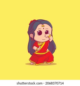 Cute Female Indian People Dancing Bollywood Flat Cartoon Style Premium Vector