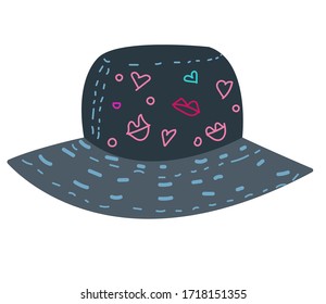 Cute female indigo cap with pink and turquoise pattern, protecting from sun, summer headwear. Vector stock illustration in cartoon style.