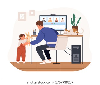 Cute female kid and cat distracting father from work vector flat illustration. Modern man working remotely from home use computer isolated on white background. Remote work disadvantages