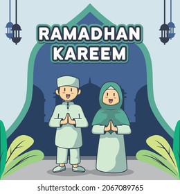 Cute female and male characters for Ramadan Kareem