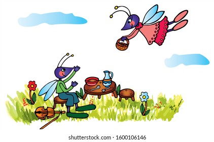 Cute female and male insects are having lunch on the meadow. Colored vector for card or gift. 