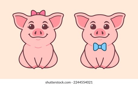 Cute Female and Male Pig Characters