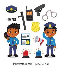 Cute Female And Male Police Officer With Equipment Set. Flat Vector Cartoon Design Isolated