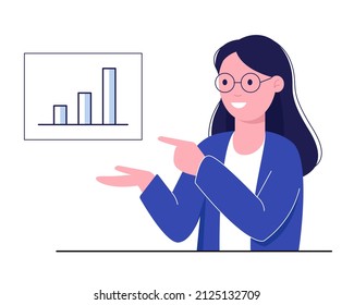 Cute female manager presents financial report and growing schedule. Concept of successful completion of the task. Vector illustration in flat style