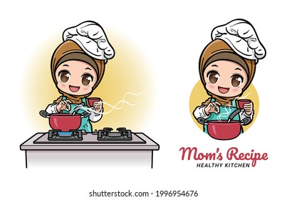 Cute female muslim chef cooking in the kitchen. Can be used as mascot or part of a logo.