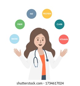 Cute female nutritionist doctor or dietitian with stethoscope and text of nutrients on white background. Nutrition consultation, healthy eating and diet plan concept. Flat vector illustration.