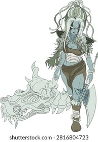 Cute Female Orc Warrior Dragging Dragon Skull Trophy Illustration