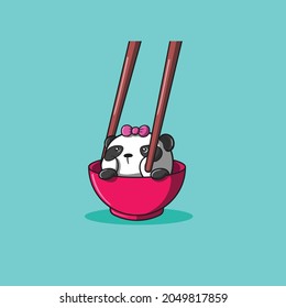 cute female panda touch with chopsticks vector icon illustration, animal Icon Concept Isolated