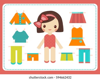 Cute female paper doll with the variety of bright colorful clothes. Girl vector illustration.