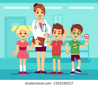 Cute Female Pediatrician Doctor And Happy Healthy Boys And Girls In Hospital. Childrens Healthcare Vector Concept. Health Medicine, Medical Female Happy Illustration