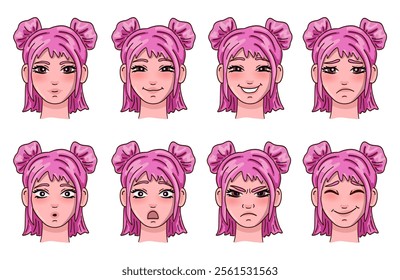 Cute female person face with pink hair and her different emotion. Vector illustration set.