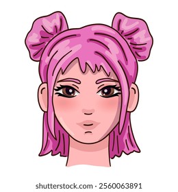 Cute female person head with pink hair. Vector illustration.