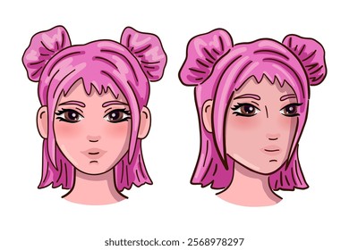 Cute female person head with pink hair. Vector illustration.