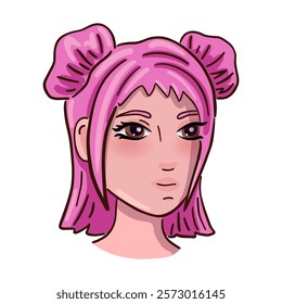 Cute female person head with pink hair. Vector illustration.