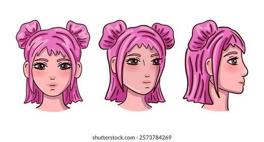 Cute female person head with pink hair. Vector illustration.