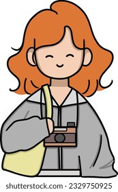 Cute female Photographer cartoon. Take a photo. Photographic equipment. Holding a camera. Cartoon Character Illustration