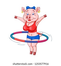 Cute female pig in a fitness sportswear makes exercise with hula hoop.  Funny cartoon character

