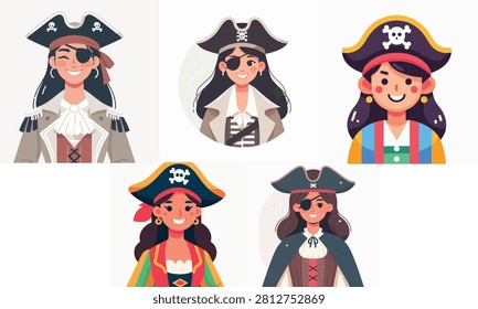 Cute Female Pirate Characters Collection in Flat Cartoon Vector Style Isolated on White Background