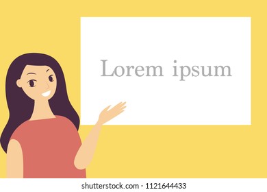 Cute female pointing to the white screen with copy space. Place for your text or information. editable vector image