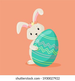 Cute female rabbit with egg. Colored bunny for Easter card