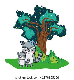 cute female raccoon with son and tree
