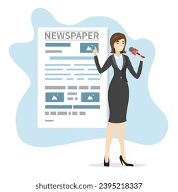 Cute female reporter with microphone, newspaper on background. Breaking news review. Caucasian journalist makes a report. Media worker. Cartoon female character full length. Flat vector illustration