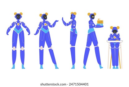 Cute female robot in different poses. Standing, presenting, high-fiving, delivering boxes, reading a book at the table. Cute android assistant. Vector flat illustration with character.