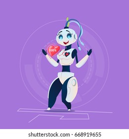 Cute Female Robot With Heart Shape Happy Smiling Modern Artificial Intelligence Technology Concept Flat Vector Illustration