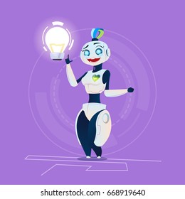 Cute Female Robot Hold Light Bulb Innovation Modern Artificial Intelligence Technology Concept Flat Vector Illustration