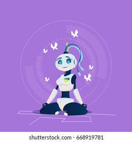 Cute Female Robot Relaxing Meditation Modern Artificial Intelligence Technology Concept Flat Vector Illustration