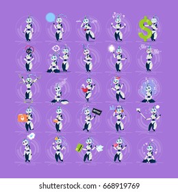 Cute Female Robots Set Modern Artificial Intelligence Technology Different Cyborg Collection Concept Flat Vector Illustration