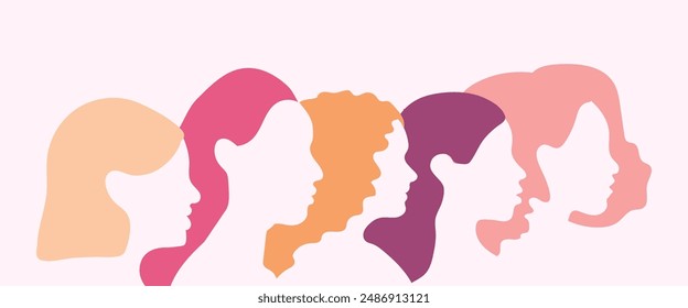 Cute female silhouettes with different hair colors. Vector illustration for women's day. Banner, poster, template. 