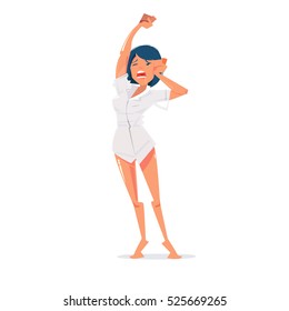 cute female stretch in the morning. lazy day. Wake up with a Morning Stretch to Energize you and get you ready for a great day concept - vector illustration