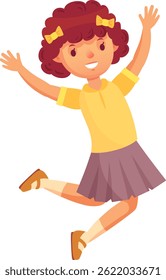 Cute female student with curly hair and a yellow shirt joyfully jumping with open arms and legs, radiating happiness and carefree energy in a vibrant school setting