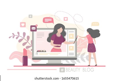 Cute female subscriber watching beauty blog. Female blogger talks about the latest cosmetics. New Makeup. Vlog on monitor screen. Community in social network. Trendy vector illustration