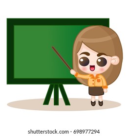 Cute Female Teacher. Cartoon Vector illustration of smiling teacher standing at the blackboard and holding pointer.