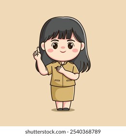 cute female teacher character with one hand pointing up